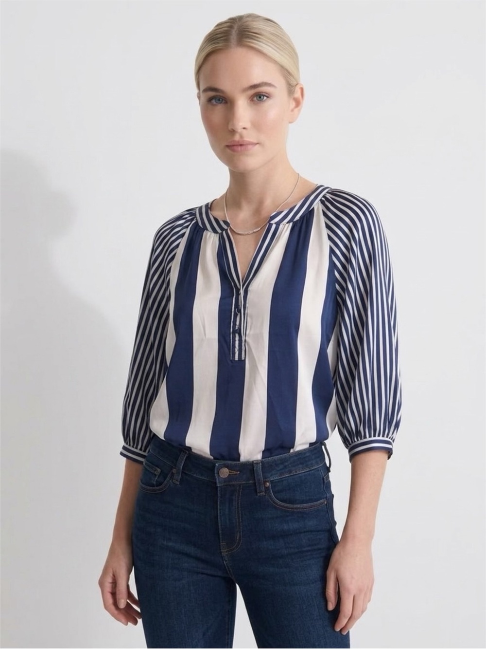 Umgee Navy & White Striped Peasant Blouse